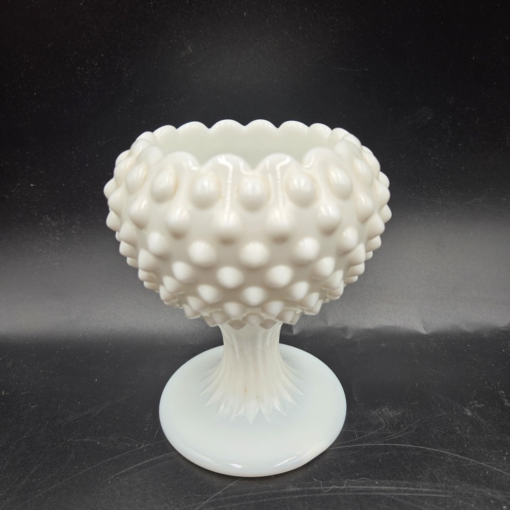 Vintage Fenton 5" White Milk Glass Hobnail Footed Ivy Vase Small Compote Grandma